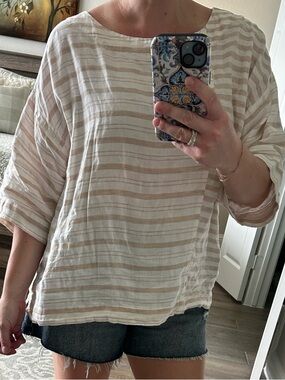 J. Jill Cream and Tan Striped Boatneck Tunic